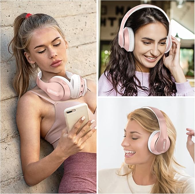 Wireless Bluetooth Headphones Over Ear 65H Playtime HiFi Stereo Headset with Microphone and 6EQ Modes Foldable Bluetooth V6.0 Headphones for Travel Smartphone Computer Laptop Rose Gold