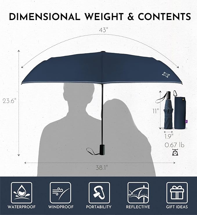 Windproof Travel Umbrella - Manual Open Close with No Rebound for Seniors & Kids, 43" Compact and Portable for Rain, Thoughtful Gift for Wife Husband Child