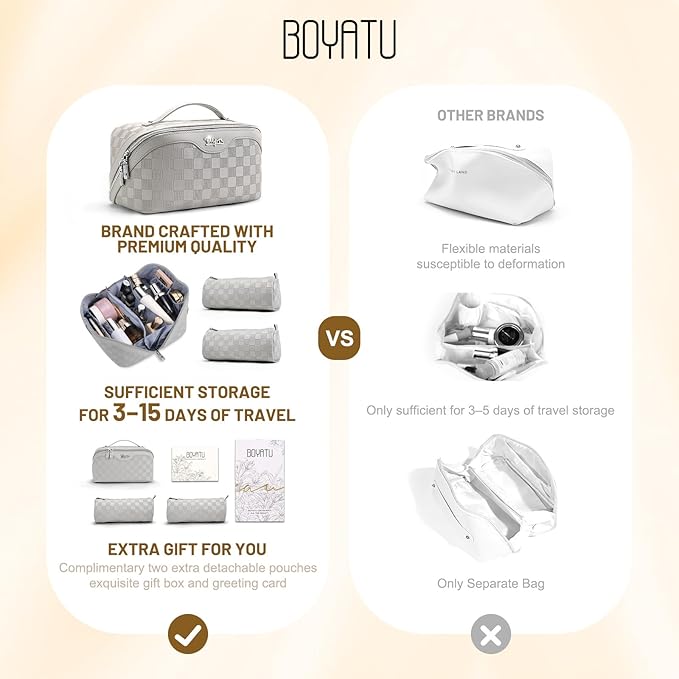 BOYATU Travel Makeup Bag Organizer: 3 Pcs Set Large Capacity Cosmetic Bags Holds 10–20 100ml Full-Size Bottles - 180°Open-Flat Make up Case 3-sec touch-up - Toiletry Bag Gift women (03-A-Gray)