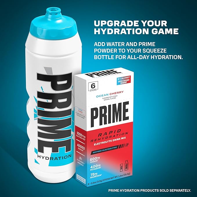 PRIME 32 oz Blue Chill Squeeze Sports Water Bottle, BPA Free, Dishwasher Safe, Easy-Grip Ergonomic Leakproof Design, Fast Hydration for Gym, Cycling, Running