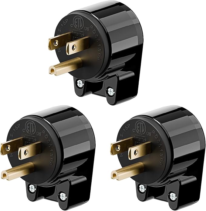 (3PACK) ETL Listed 90 Degree USA Canada Male Plug Nema 5-15P 3 Pole Angle DIY Plug, 15A 125V USA 3Pin Right Angle AC Plug