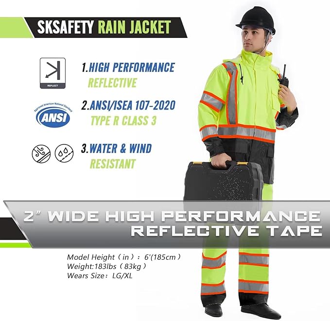 SKSAFETY Hi Vis Safety Rain Jacket for Men, Construction Work Rain Gear Heavy Duty Class 3 Rain Coat Waterproof Lightweight