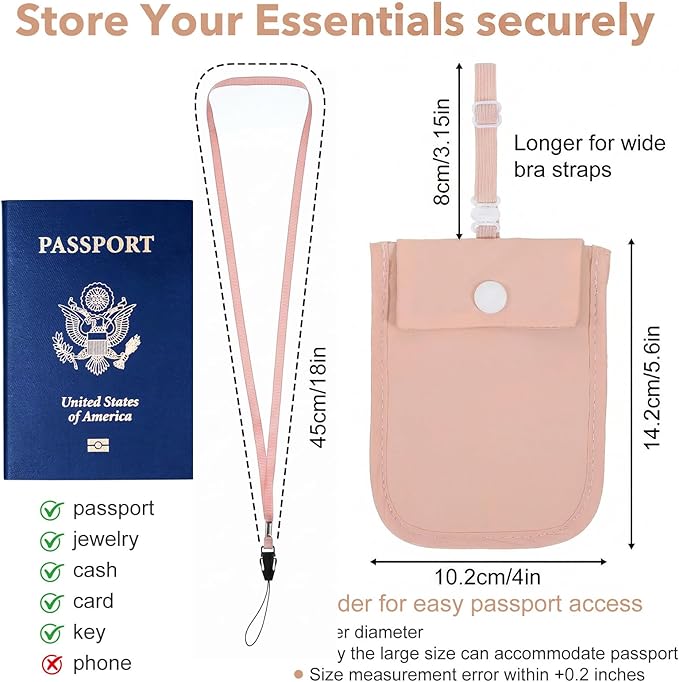 RFID Blocking Hidden Bra Wallet, Travel Money Pouch With Adjustable Strap, Money Belt for Travel Women Hidden, Secret Pocket for Valuables(Pink)