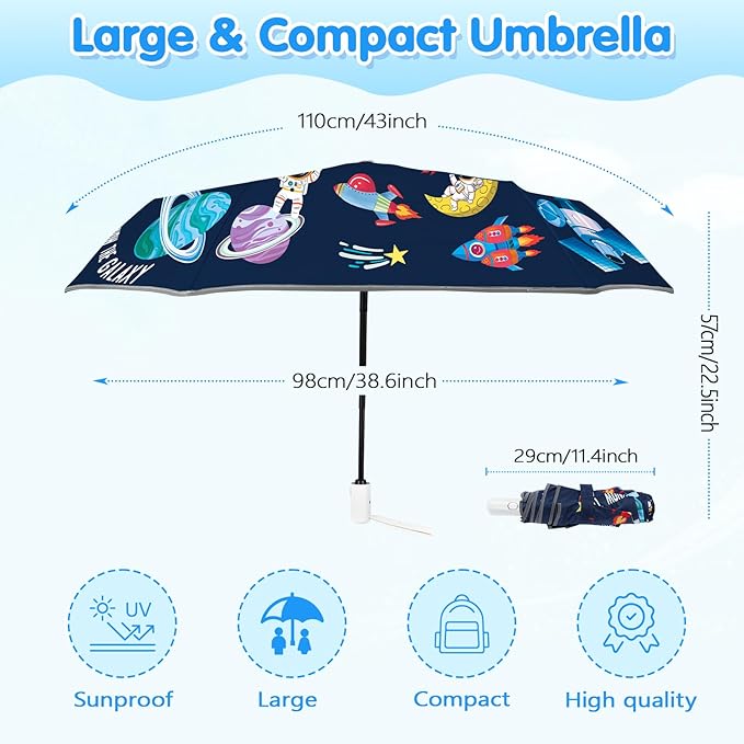 Kids Folding Umbrella Auto Open/Close Umbrellas for Rain Round Corner Safe Design UV Resistant Automatic Children Travel Umbrellas Reinforced Canopy 360° Reflective Strip Lightweight for Girls & Boys