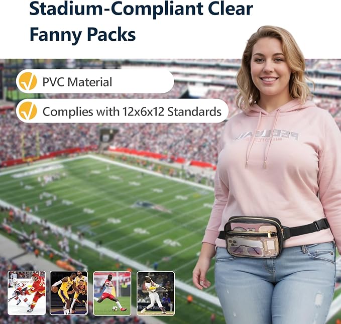 Packism Clear Fanny Pack for Women Stadium Approved - Quilted Clear Belt Bag, Adjustable Strap Fits 35-51 Inches, Transparent Waist Bag for Sports Concerts Festivals, Black
