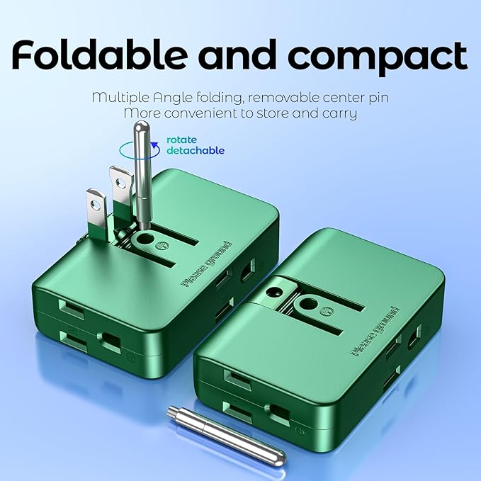 Green Outlet Splitter 3 Prong - Plug Extender with 3 Plug Wall Adapter, 2 to 3 & 3 to 2 Prong Converter, Safe Plugs for Electrical Outlet, 2 Pack