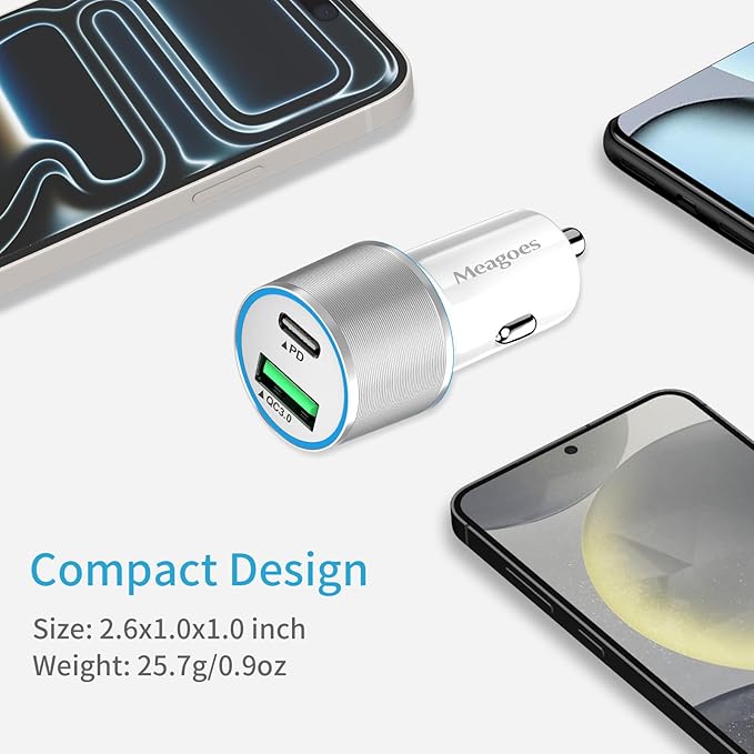 67.5W White Car Charger USB C Super Fast Charging, 45W USBC&QC3.0 Port Plug for iPhone 17 Pro Max/Air/16/15/iPad, Samsung S26 Android Cell Phone, Dual 12V Cigarette Lighter Adapter+3 ft Type C Cable