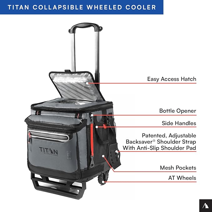 Titan by Arctic Zone Collapsible Wheeled Soft Sided Cooler with Detachable Rolling AT Cart, Insulated Bag with Leak Proof Lining, for Travel, Beach, Picnic, 60 Can Capacity