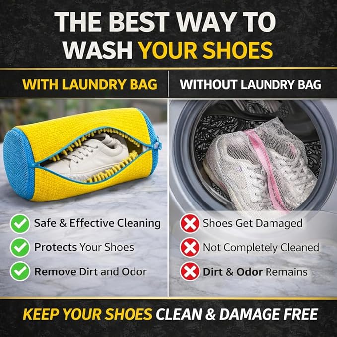 Shoe Washing Machine Bag for Sneakers, 360° Deep Clean Chenille Microfiber Laundry Bag with Hidden Zipper, Reusable Shoe Wash Protector for Running & Tennis Shoes (Yellow)