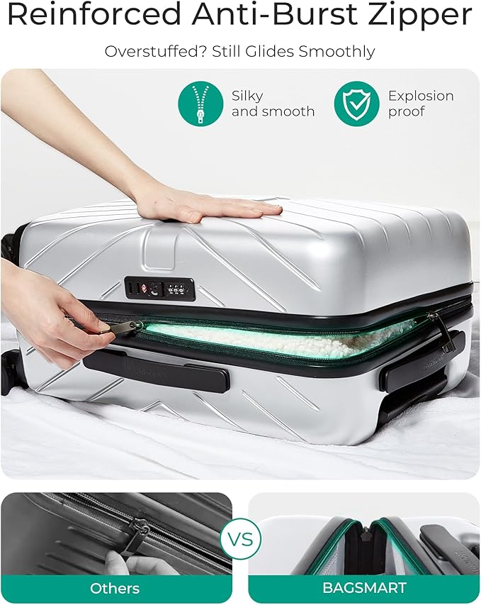BAGSMART Carry On Luggage 22x14x9 Airline Approved With TSA Lock, 1OO% Polycarbonate Hardside Luggage with Spinner Wheels,Durable Hard Shell Carry On Suitcase 20 inch Silver