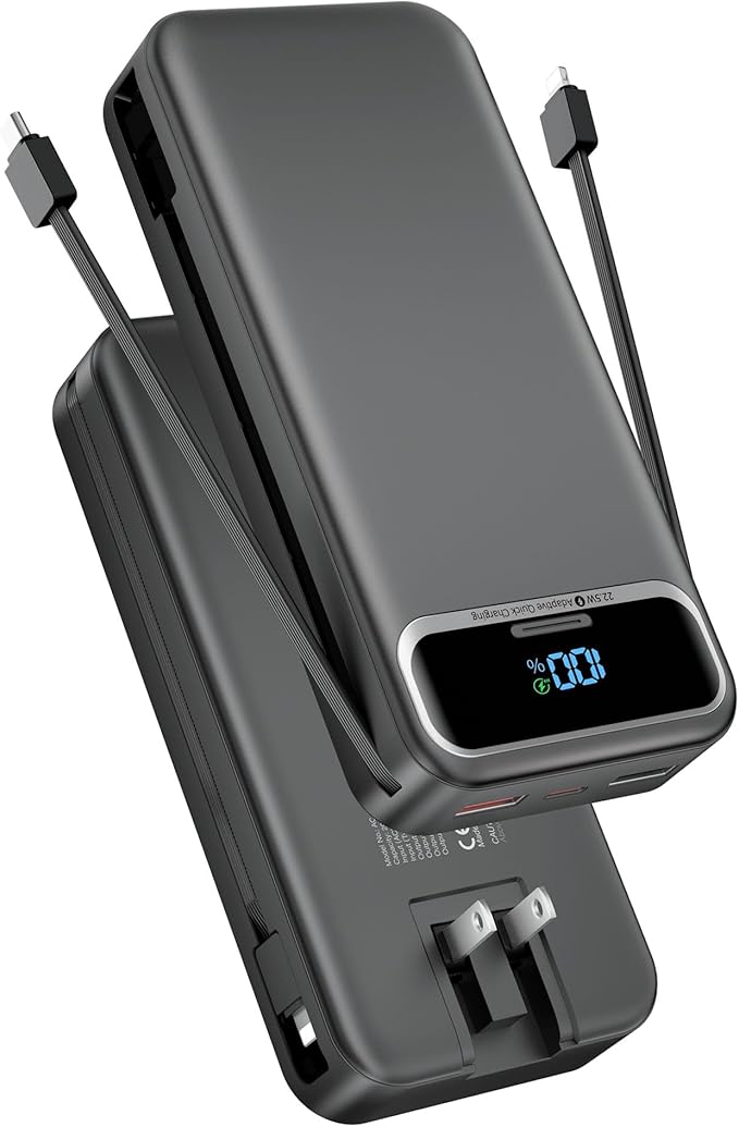 Portable Charger, 20000mAh 22.5W Fast Charging Power Bank with Built-in Cables & Wall Plug, Travel Essential External Battery Pack with LED Display, USB C Battery Phone Charger for iPhone iPad Black