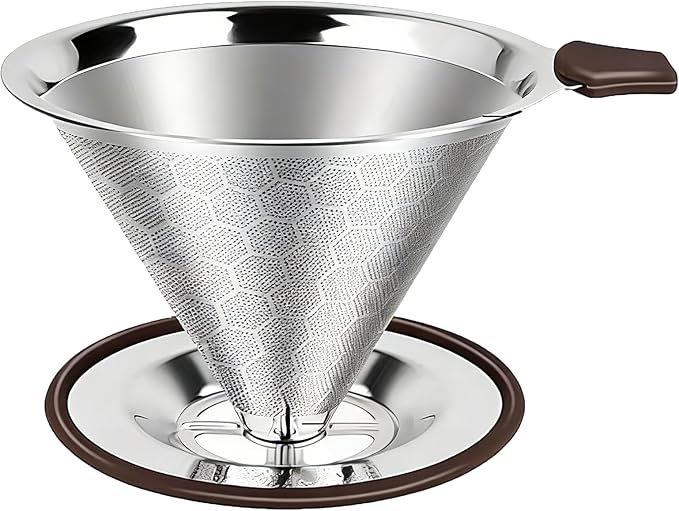 Pour Over Coffee Dripper - 304 Stainless Steel, Paperless & Reusable Dual-Layer Metal Coffee Filter with Base, 600 Mesh Steel Cone, for 1-4 Cups Brew Coffee Maker (Brown)