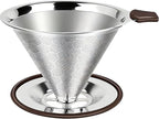 Pour Over Coffee Dripper - 304 Stainless Steel, Paperless & Reusable Dual-Layer Metal Coffee Filter with Base, 600 Mesh Steel Cone, for 1-4 Cups Brew Coffee Maker (Brown)