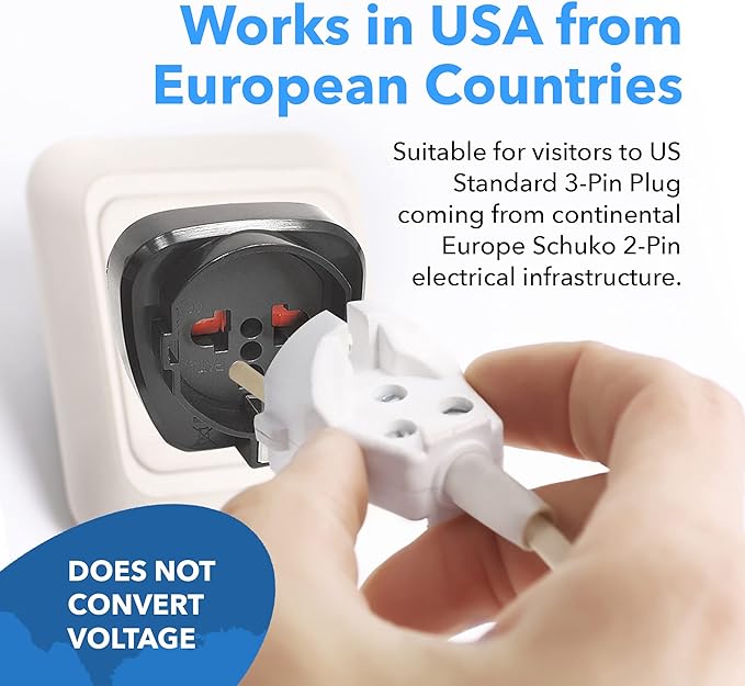 OREI Europe to US Plug Adapter, Grounded European to USA Adapter, American Outlet Plug Adapter, EU to US Adapter, Europe to USA Travel Plug Converter (3 Pack) GP-95