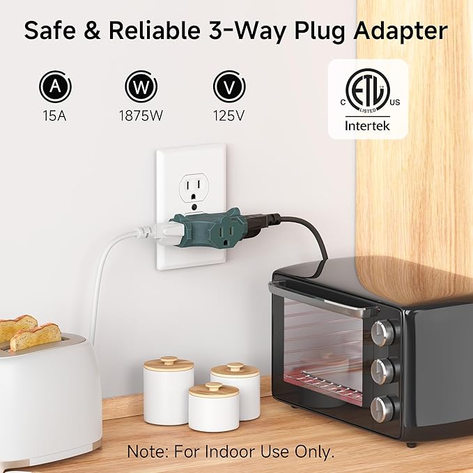 [ETL Listed] Cable Matters 3-Pack 3 Way Plug Adapter 15A 1875W, 3 Prong 3 Outlet Adapter, Power Splitter Plug Outlet, 3 Way Electrical Splitter, Green
