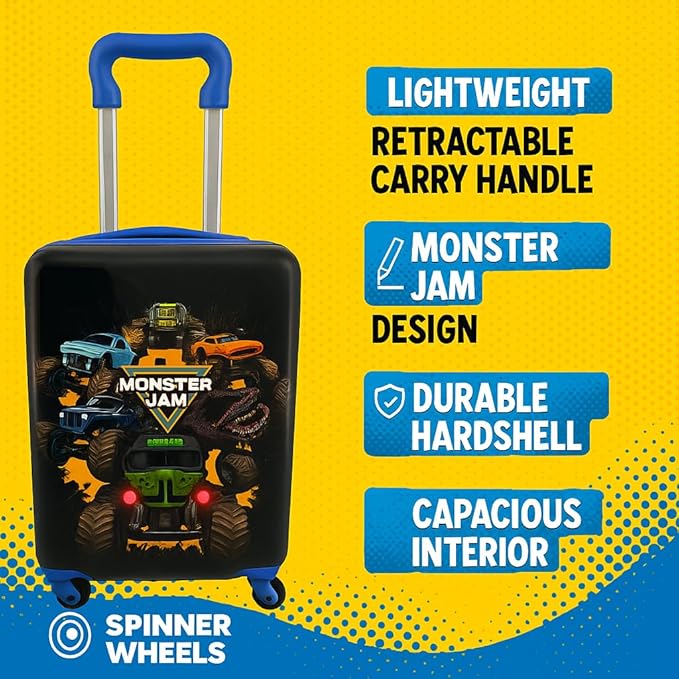 Fast Forward Monster Jam 20" Hardshell Luggage - Cute & Durable Hard-side Suitcase for Travel with Spinner Wheels 20"x12"x8"