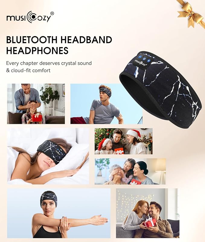 MUSICOZY Sleep Headphones Bluetooth 5.4 Headband, Wireless Earphones Music Sleep Earbuds Sleeping Eye Mask with HD Stereo Speakers for Workout Running Travel Yoga, Ideal Gifts (Marbling Black)