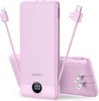 VEGER Portable Charger with Built-in AC Plug and Cables, All in One 10000mAh Ultra Slim Power Bank Travel Essentials, Fast Charging Battery Pack Compatible with iPhone, Samsung, Android (Purple)