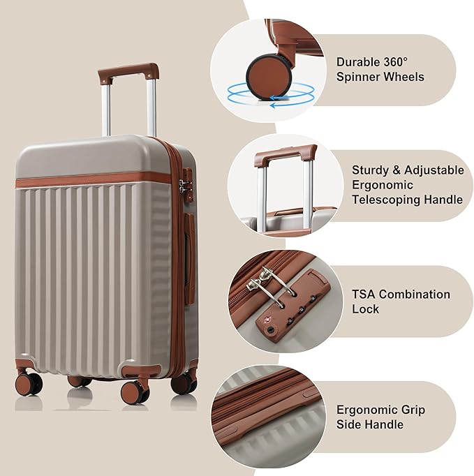 3 Piece Luggage Set ABS Hardshell Lightweight Suitcase Sets with Spinner Wheels and TSA Lock, 20 inch with Front Opening Design and USB Port, 20" Airline Certified Carry-on Luggage, 20"24"28", Khaki