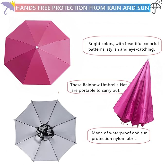 3 Pack Umbrella Hat, Sports Head Umbrella Hats for Adult Women, 26" Diameter Folding Waterproof Rainbow Fishing Headwear for Outdoor Party Beach Hiking