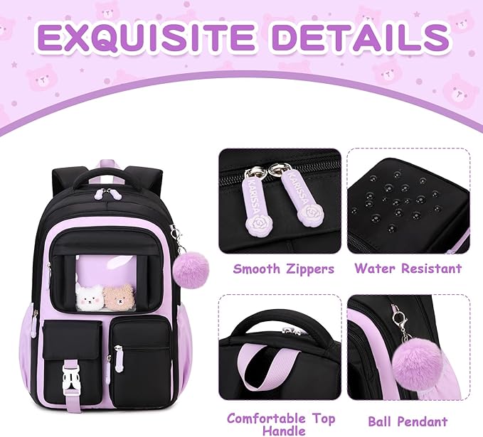PIG PIG GIRL Kids Backpack for Girls School Bags for Middle School Students Book Bag for Elementary Primary Kawaii Ita Backpack, Black and Purple