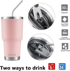 D·S 30oz Sakura Pink Tumbler Stainless Steel Double Wall Vacuum Insulated Mug with Straw and Lid, Cleaning Brush for Cold and Hot Beverages