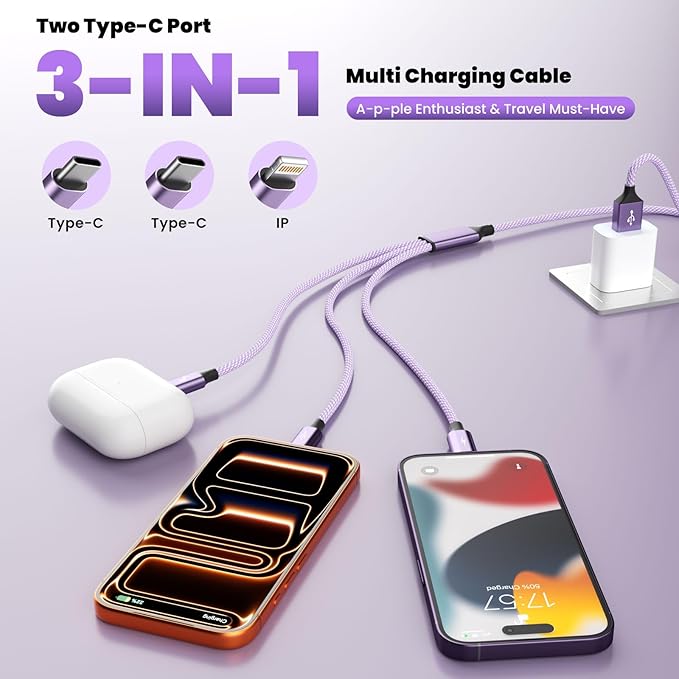 2Packs 4FT Multi Charging Cable with 2 USB-C/IP Port, Purple Charging Cords for Multiple Devices, USB C Splitter Cable, Universal Charger Cord Car Accessories for iPhone17-8, Androids iPad and More