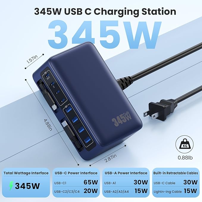 345W USB C Charger 10 in 1 Retractable Wall Charger with 2 Cables,GaN 6 USB C Charging Station Phone Charging PD Laptop Charger Adapter for MacBook Pro/Air,DELL,iPhone17/16/15,Galaxy S24,Android etc