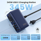 345W USB C Charger 10 in 1 Retractable Wall Charger with 2 Cables,GaN 6 USB C Charging Station Phone Charging PD Laptop Charger Adapter for MacBook Pro/Air,DELL,iPhone17/16/15,Galaxy S24,Android etc