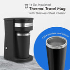 Elite Gourmet EHC111A Personal Single-Serve Compact Coffee Maker Brewer Includes 14Oz. Stainless Steel Interior Thermal Travel Mug,Compatible with Coffee Grounds,Reusable Filter,Black,(Pack of 6)