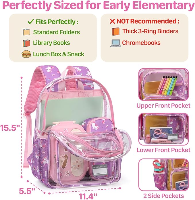 Bagseri Clear Backpack for Girls - 15 Inch Heavy Duty Kids Clear Bookbag for Kindergarten to Grade 2, Transparent School Bag with Reflective Strip, Fits Folders, Purple Unicorn