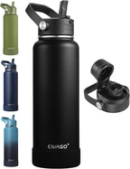CIVAGO 40 oz Insulated Stainless Steel Water Bottle with Detachable Straw, Large Metal Water Jug with Bucket Handle, Leakproof Sports Water Flask with Silicone Boot for School, Dishwasher Safe, Black