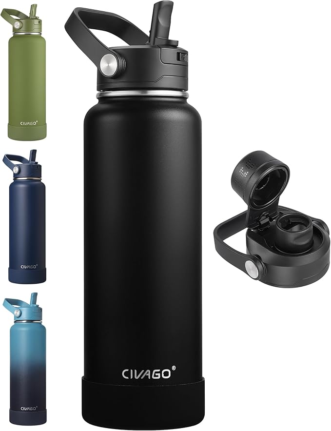 CIVAGO 40 oz Insulated Stainless Steel Water Bottle with Detachable Straw, Large Metal Water Jug with Bucket Handle, Leakproof Sports Water Flask with Silicone Boot for School, Dishwasher Safe, Black