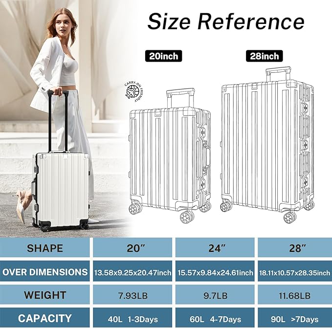 Krute Carry On Luggage 20 inch Aluminum Frame Luggage with Spinner Wheels Hardshell No Zipper PC+ABS TSA Lock Zipperless Suitcases White