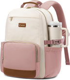 LOVEVOOK Laptop Backpack for Women with Pouch Pocket for Large Capacity Cup,15.6 Inch Teacher Nurse College Work Backpack Purse,Waterproof Laptop Bag Computer Back Pack for Travel, Beige-Pink-Brown