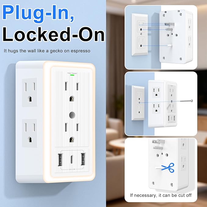 Wall Outlet Extender with USB Charging Ports 9 in 1 Plug Extension Block Multiple AC Outlets Splitter Power Hub Wall Tap 1500J Surge Protection Night Light Dusk to Dawn Sensor Switch ETL Listed