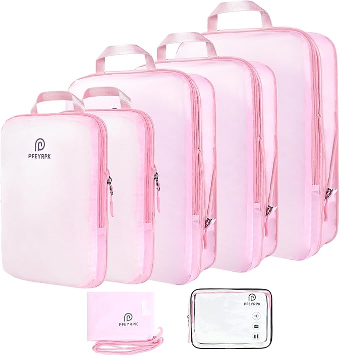 PFEYRPK Lightweight Compression Packing Cubes for Suitcases, Compressible Expandable Travel Packing Organizer with Clear Toiletries and Backpack Bag, Travel Essentials for Carry on Luggage 7 Set