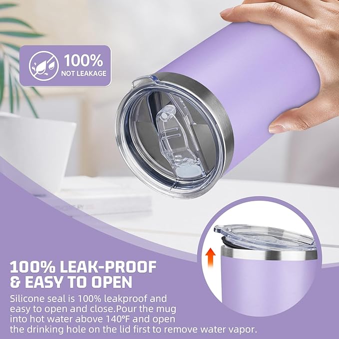 20 oz Tumbler with Lids and Straws, Stainless Steel Insulated Travel Coffee Mug, Double Wall Vacuum Insulated Tumblers, Powder Coated Coffee Tumbler for Cold & Hot Drinks (Light Purple,6pack)