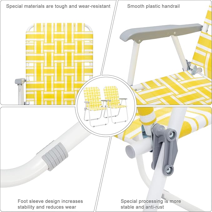 Folding Patio Lawn Webbed Chair Set of 2, Portable Outdoor Beach Chair for Adults, Camping Chair Steel Frame 300lbs Capacity for Yard, Garden Dining, Party, Picnic, Yellow