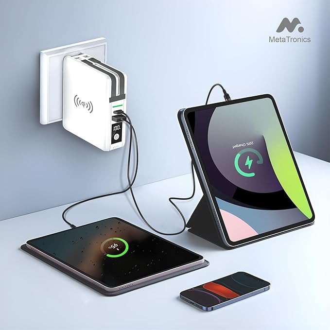 5-in-1 Travel Power Bank with Wall Plug — 10000mAh MagSafe Wireless Portable Charger with Built-in USB-C & Lightning Cables + Universal International Travel Adapter (US/Asia/Europe/Asia)