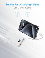 Ffnpua Portable Charger with Wall Plug, 10000mAh USB C Power Bank Fast Charging, External Battery Pack with Built in Cables, Digital Display, 5 Output 4 Input for iPhone Android Cell Phone Tablet