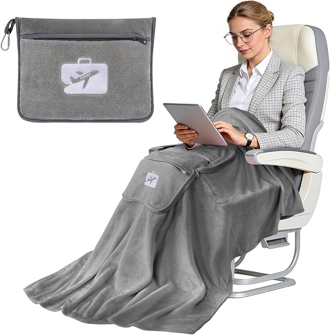 SINLAND Travel Pillow and Blanket 2-in-1 Set,Airplane Packable Bag,Soft and Lightweight Plane Flight Car Trips Travel Essentials Gift,Hand Luggage Sleeve and Backpack Clip,60x50 Inch Grey