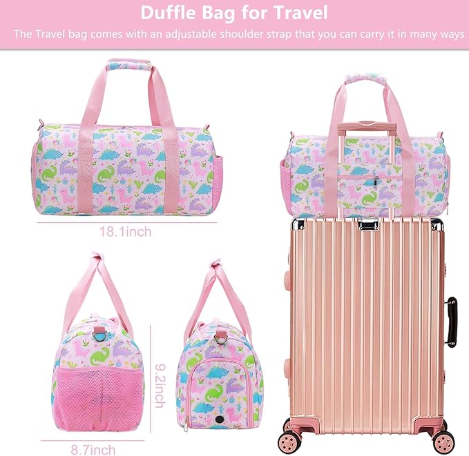 Gym Travel Duffle Bag for Girls - Gymnastics Sports Dance Bag with Shoe Compartment & Wet Pocket Dinosaur Kids Travel Bag Teens Weekender Sleepover Carry On Bag