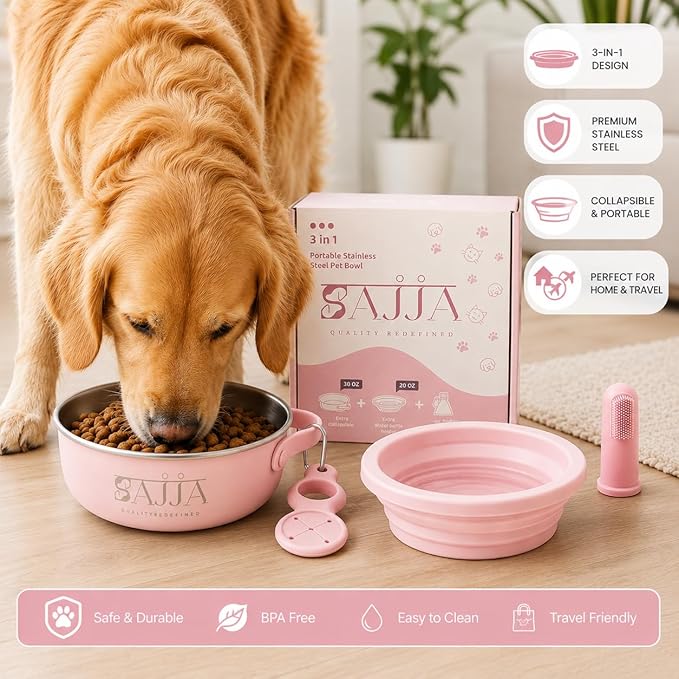 3-in-1 Travel Dog Bowl Set – 30 OZ Stainless Steel + 20 OZ Collapsible Water Bowl Lid | BPA-Free, Anti-Slip, Portable Dog Bowl w/Handle/Poop Bag Holder with Carabiner | Pink Bowls