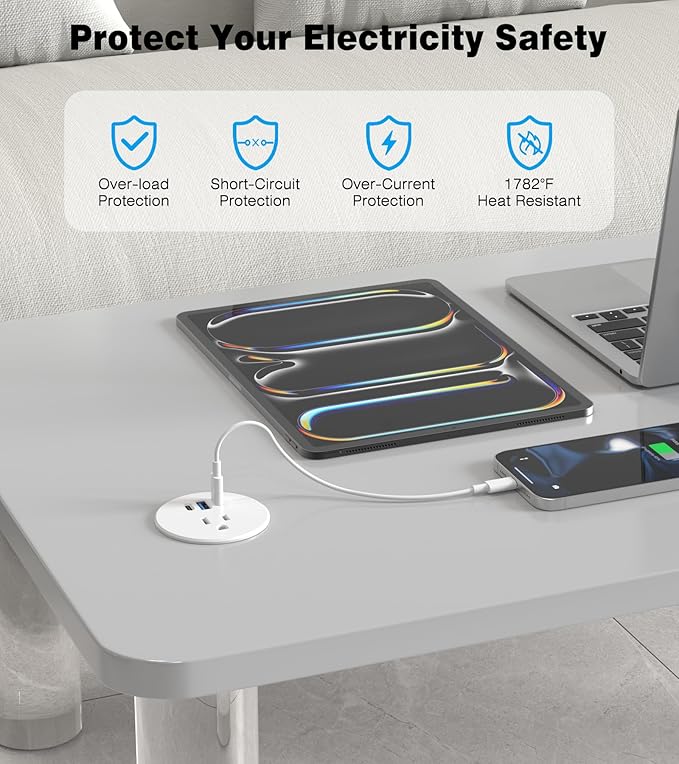 Desk Grommet Power Outlet, 2.5 inch Desktop Recessed Outlet with 20W Fast Charging USB-C Port, Flush Mount Outlet for Conference Rooms, Office Tables, Furniture (White, 6FT)