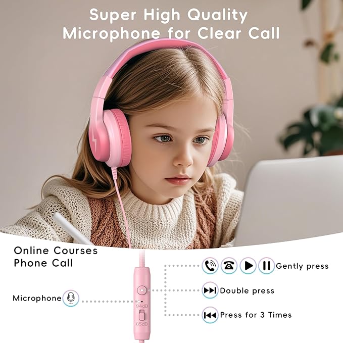 Candy Bila Kids Wired Headphones for Kids with Microphone, 85/94dB Volume Limiter Headphones for Girls Boys, Light Pink