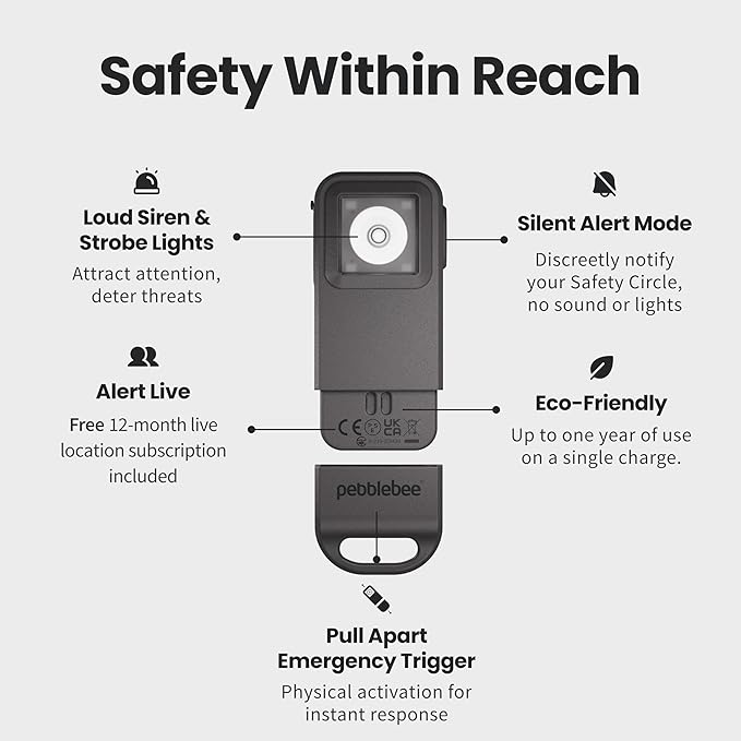Pebblebee Halo Personal Safety Alarm | Loud Siren & Strobe Lights with Location Sharing, Rechargeable Safety Keychain Device with Flashlight | Works with Apple Find My & Google Find Hub