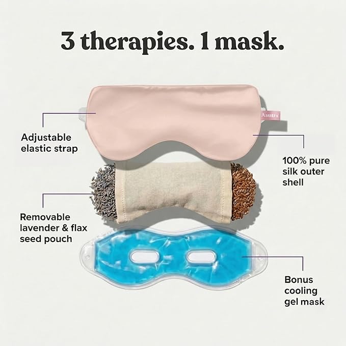 ASUTRA Silk Eye Pillow for Sleep, Light Pink - Filled w/Lavender Buds & Flax Seeds, Weighted Eye Mask, Meditation & Light Blocking Blindfold, Cooling Gel Mask Included