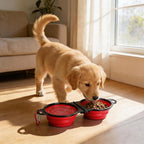 Collapsible Dog Bowls with Carabiner, Double Portable Travel Pet Bowls for Food and Water, Foldable Silicone Dog Bowl for Walking, Hiking, Camping, Small Medium Dogs and Cats,Red