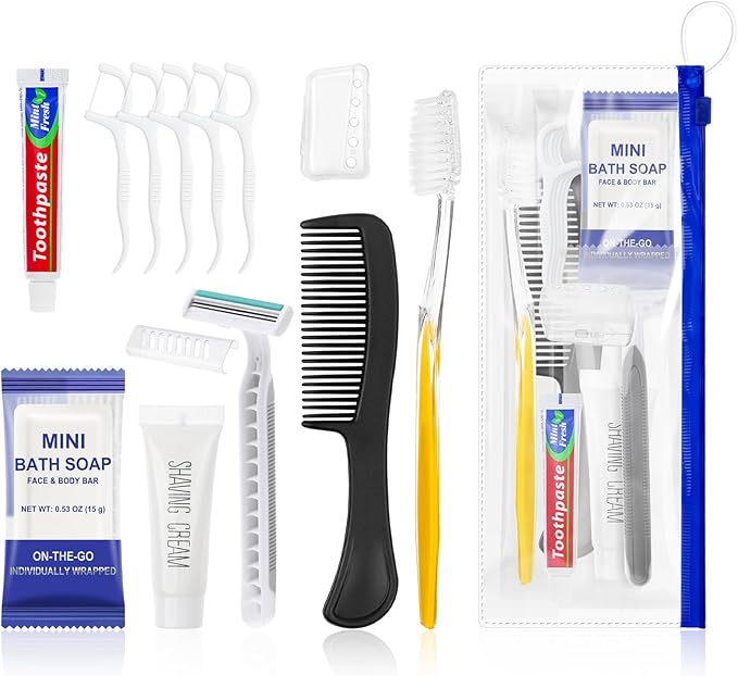 5 Sets Personal Hygiene Kit Bulk,Yellow Travel Size Basic Toiletry Supplies Disposable Toothbrushes with Toothpaste Floss Comb Soap Cover Set for Homeless,Guests,Church